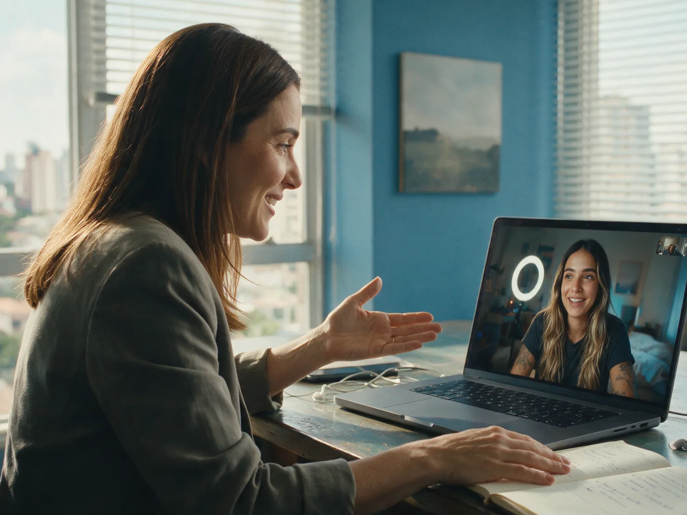Profissional de marketing em videochamada com uma creator, conversando sobre a campanha.