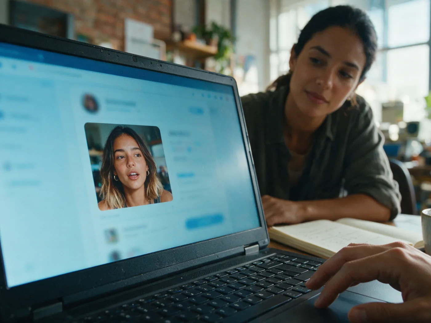 Analista avaliando o perfil de uma creator na tela do notebook.