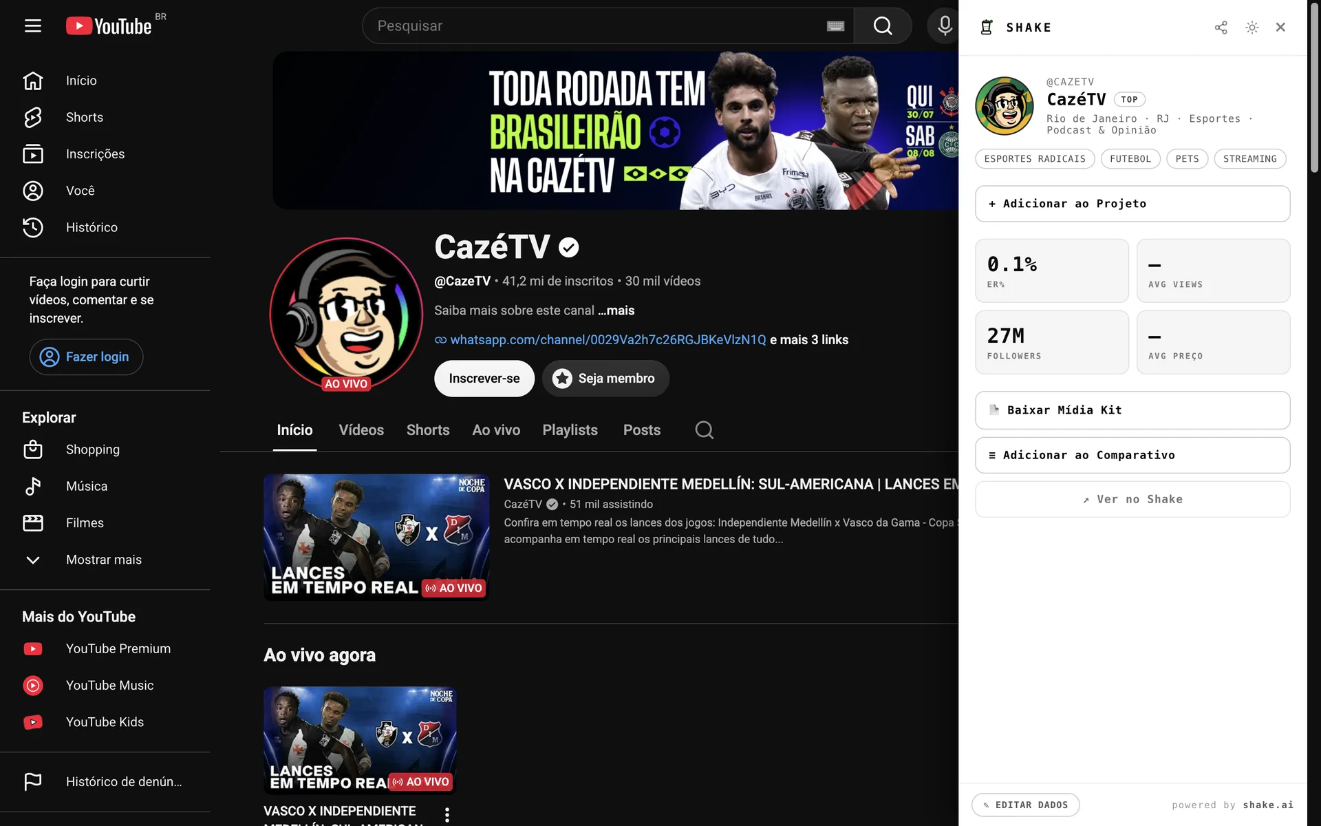 Extensão Shake aberta sobre o canal da CazéTV no YouTube, mostrando dados do creator