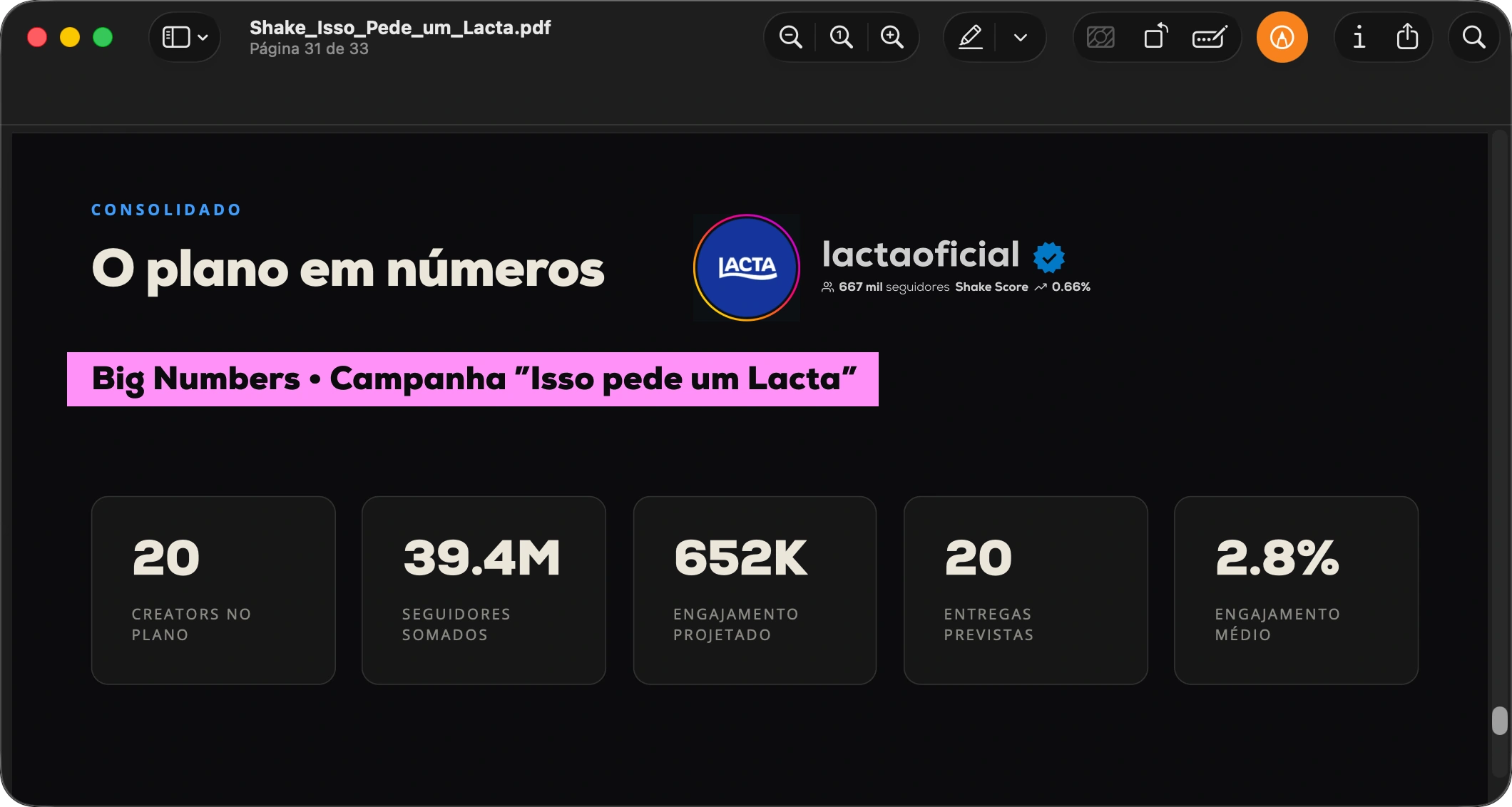 A apresentação da campanha “Isso pede um Lacta” aberta em PDF, na página 31 de 33, no slide “O plano em números”.