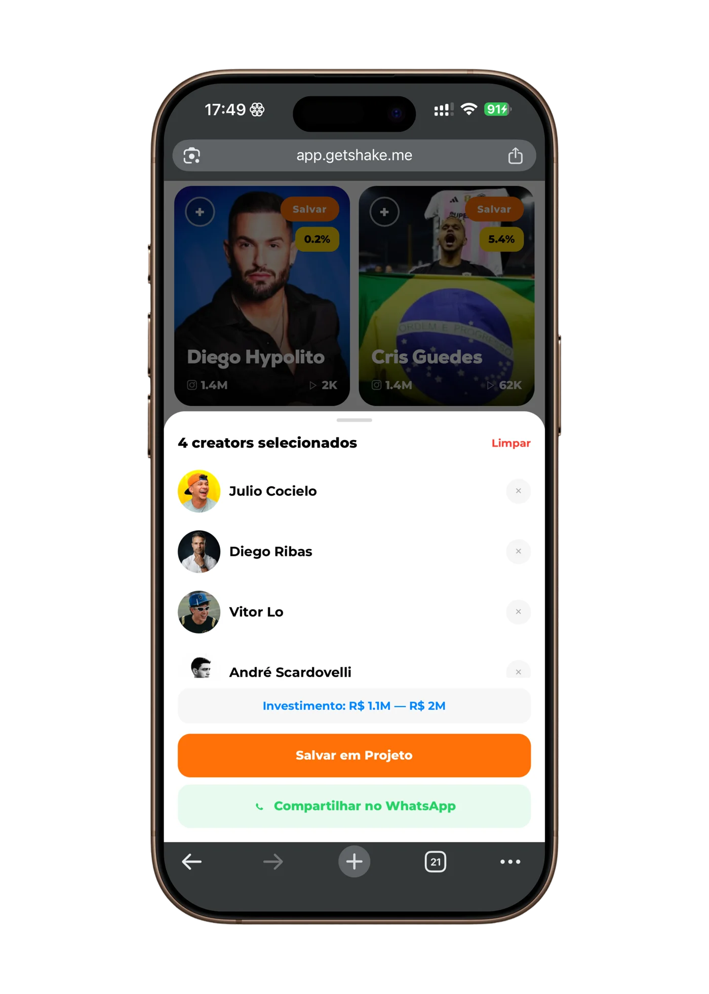 Seleção de creators na Shake com faixa de investimento e envio por WhatsApp