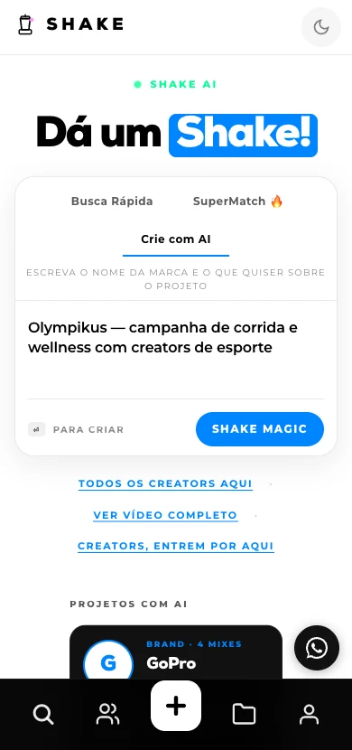 Home da Shake com briefing de campanha escrito no Crie com AI