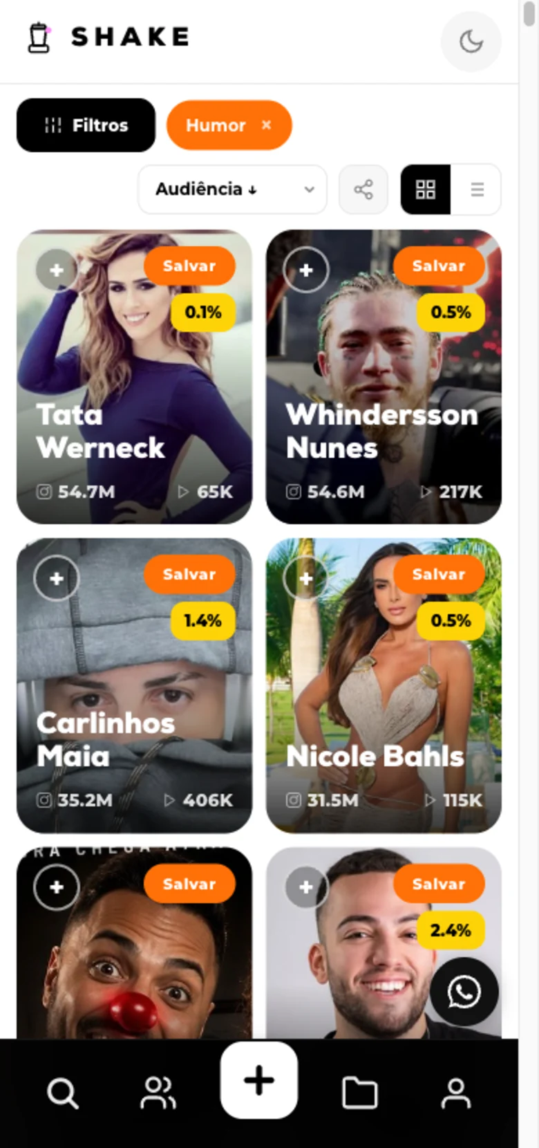 Grid de creators de humor na Shake, com engajamento e audiência em cada card