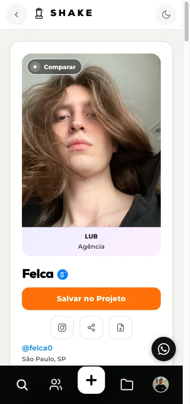 Perfil do Felca na Shake: Shake Score 9.2, agência LUB e botão de salvar no projeto