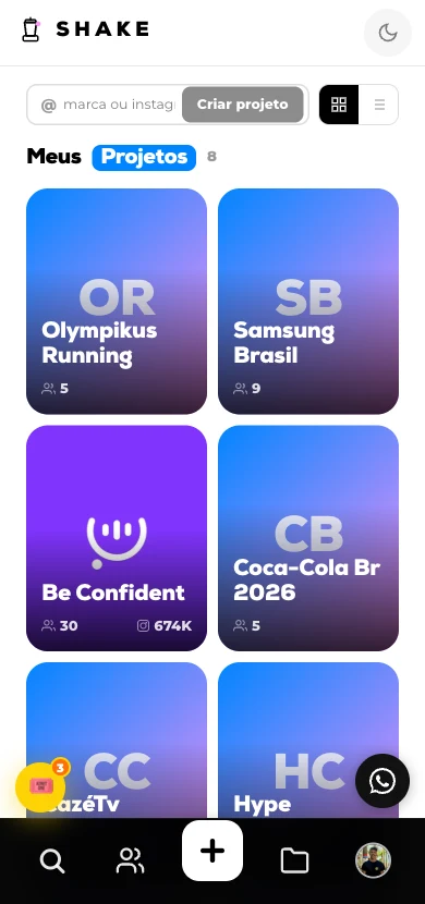 Meus Projetos na Shake com três boards de busca