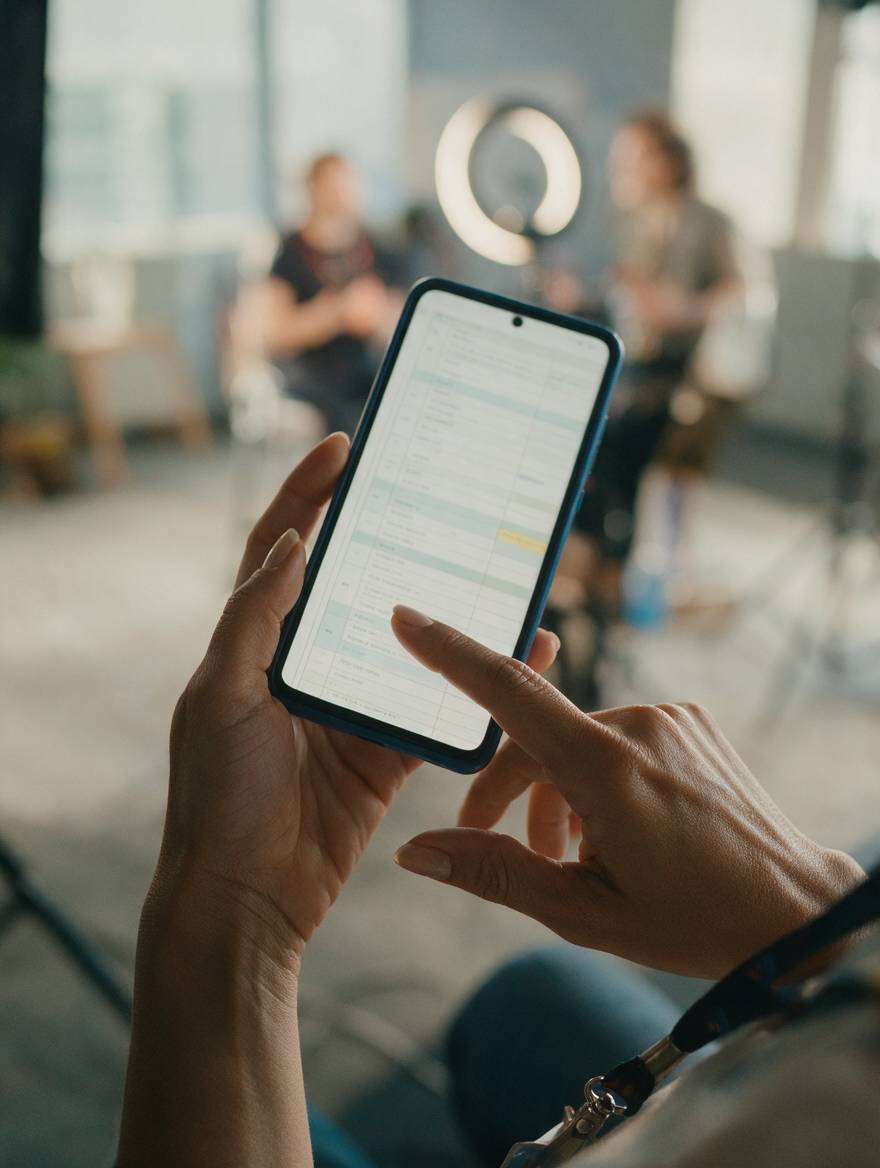 Mão segurando celular com lista de contatos aberta